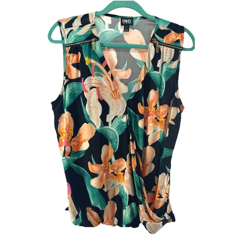 INC NWOT Tropical Floral Sleeveless Blouse Women’s M Zip Accent Resort Beach